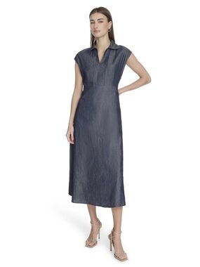 Harper Rose Chambray Midi Dress Size 10 Collared Cap Sleeve Blue NWOT